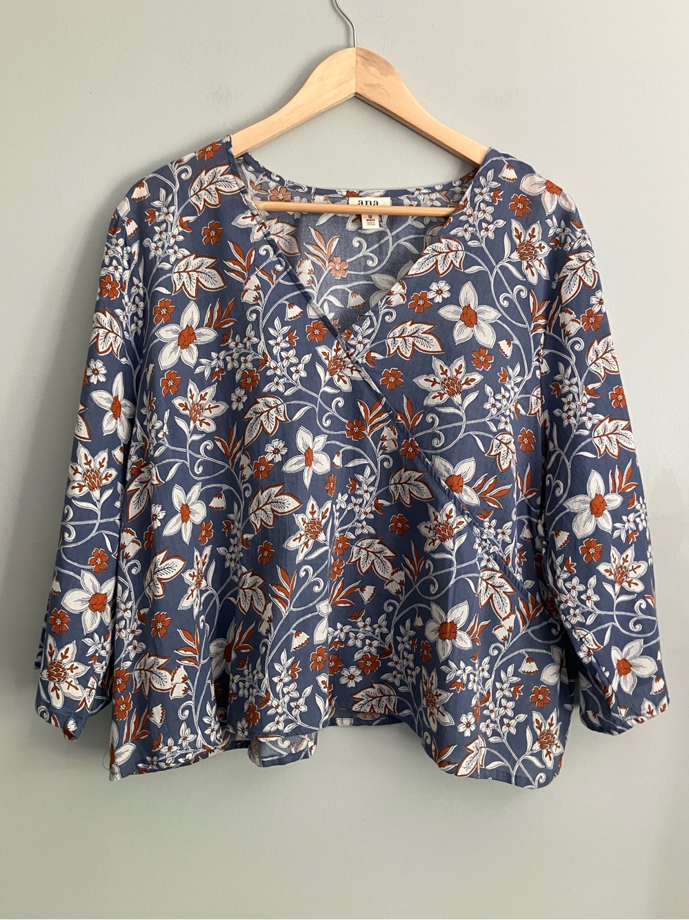 A.N.A Blue Floral Linen Blend Boxy V-Neck Top Size 1X